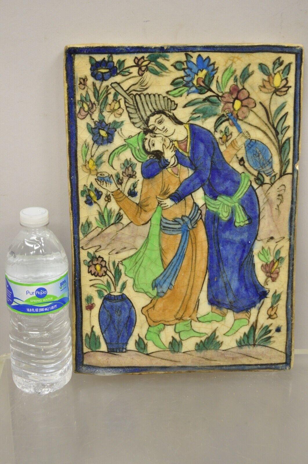 Antique Persian Iznik Qajar Style Ceramic Pottery Tile Man and Woman Courting C1. Original crackle glazed finish, heavy ceramic pottery construction, very impressive detail, wonderful style and form. Great to mount as wall art or accent tiles for