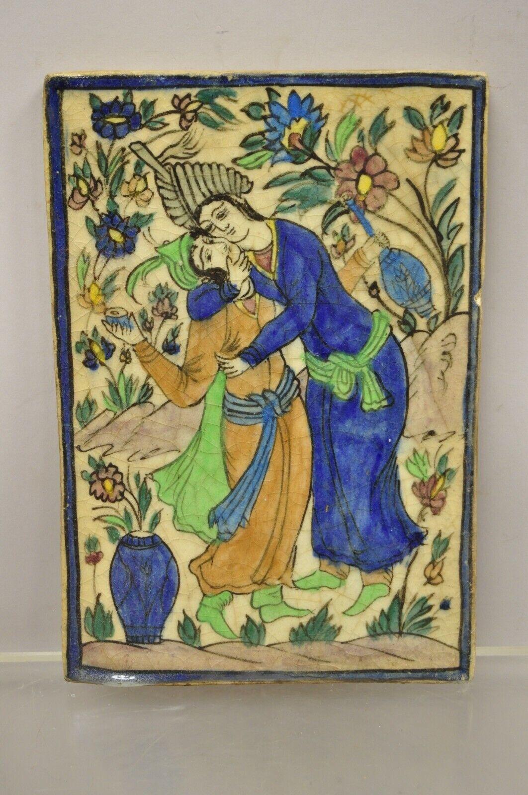 Antique Persian Iznik Qajar Style Ceramic Pottery Tile Man and Woman Courting C1 For Sale 4