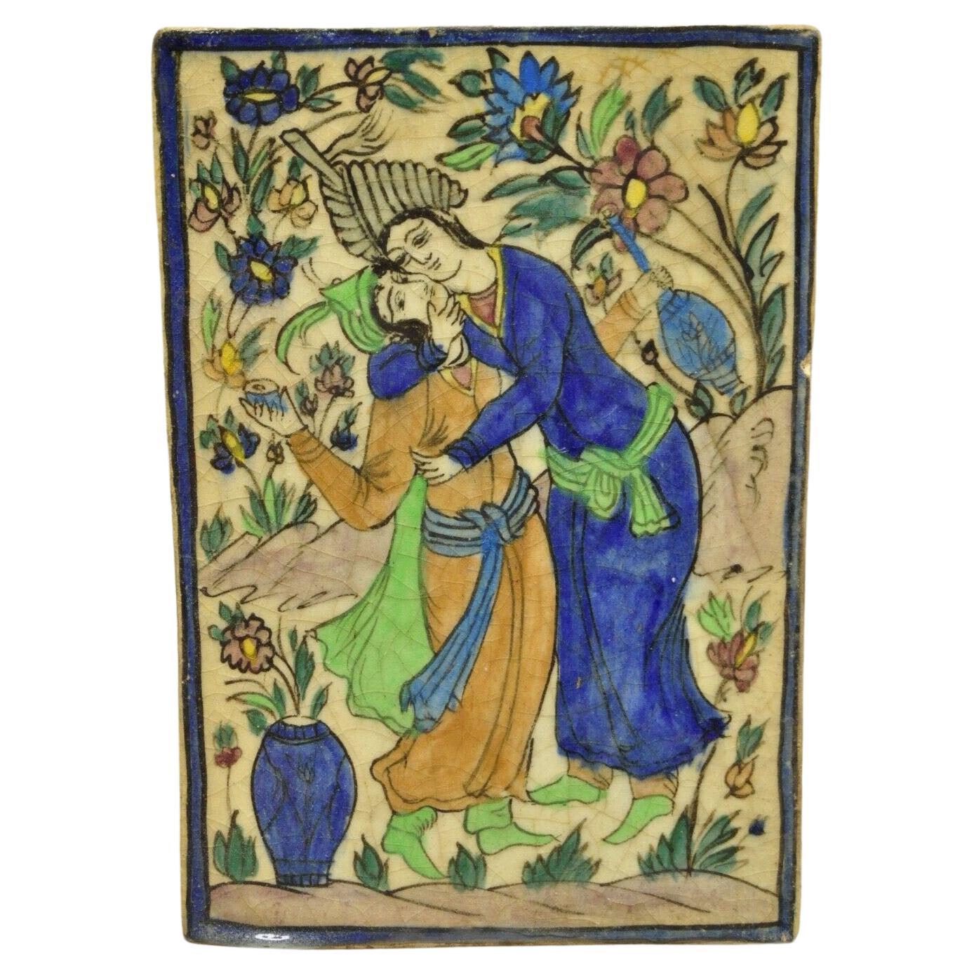 Antique Persian Iznik Qajar Style Ceramic Pottery Tile Man and Woman Courting C1 For Sale