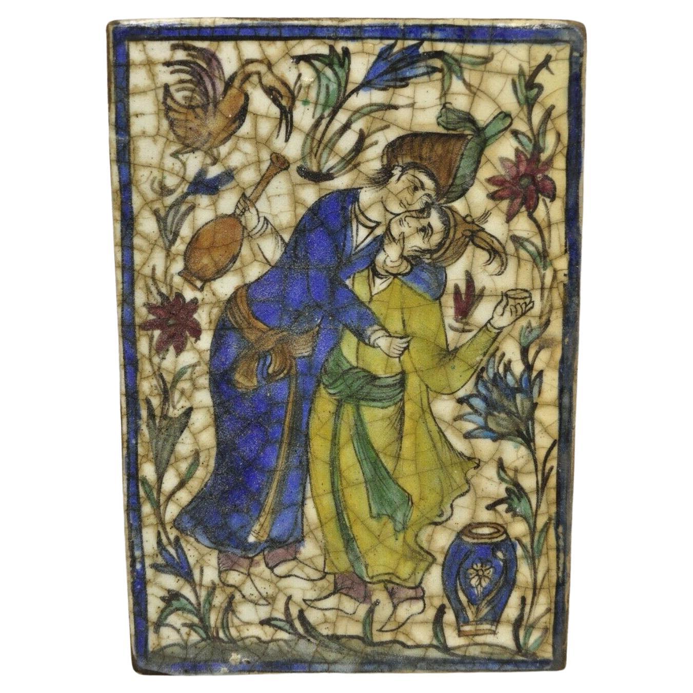 Antique Persian Iznik Qajar Style Ceramic Pottery Tile Man and Woman Embrace C1