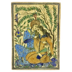 Antique Persian Iznik Qajar Style Ceramic Pottery Tile Man and Woman Embrace C3