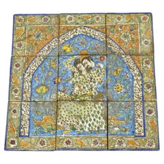 Antique Persian Iznik Qajar Style Ceramic Pottery Tile Man & Woman Mosaic Set C6