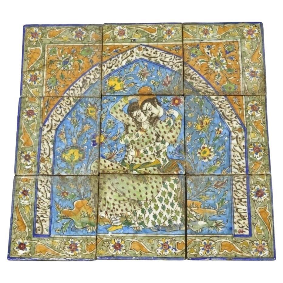 Antique Persian Iznik Qajar Style Ceramic Pottery Tile Man 
Woman Mosaic Set C6