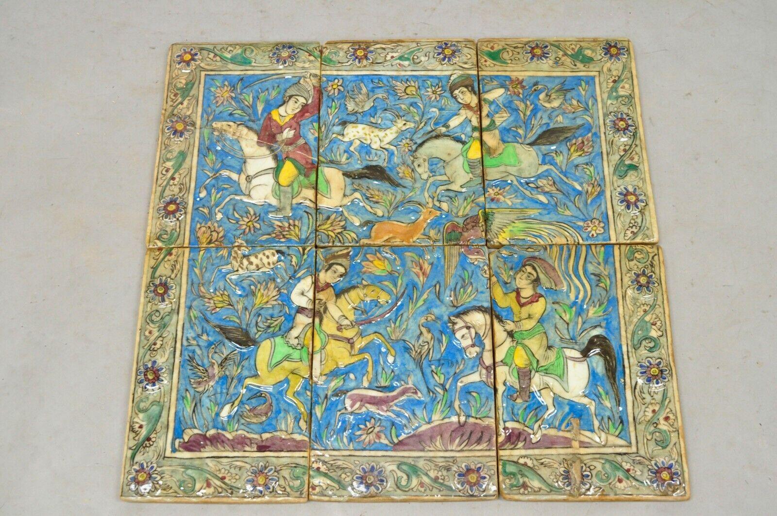 Antike persische Iznik Pottery Qajar Stil Keramik Fliese Mosaik Jagd Szene 6 St. C7 im Angebot 7