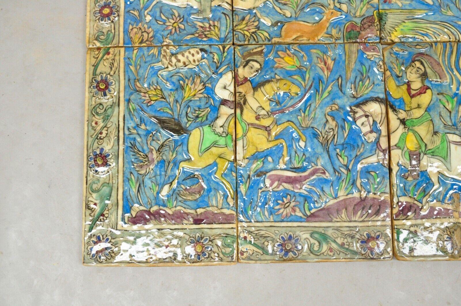 Antike persische Iznik Pottery Qajar Stil Keramik Fliese Mosaik Jagd Szene 6 St. C7 im Zustand „Gut“ im Angebot in Philadelphia, PA