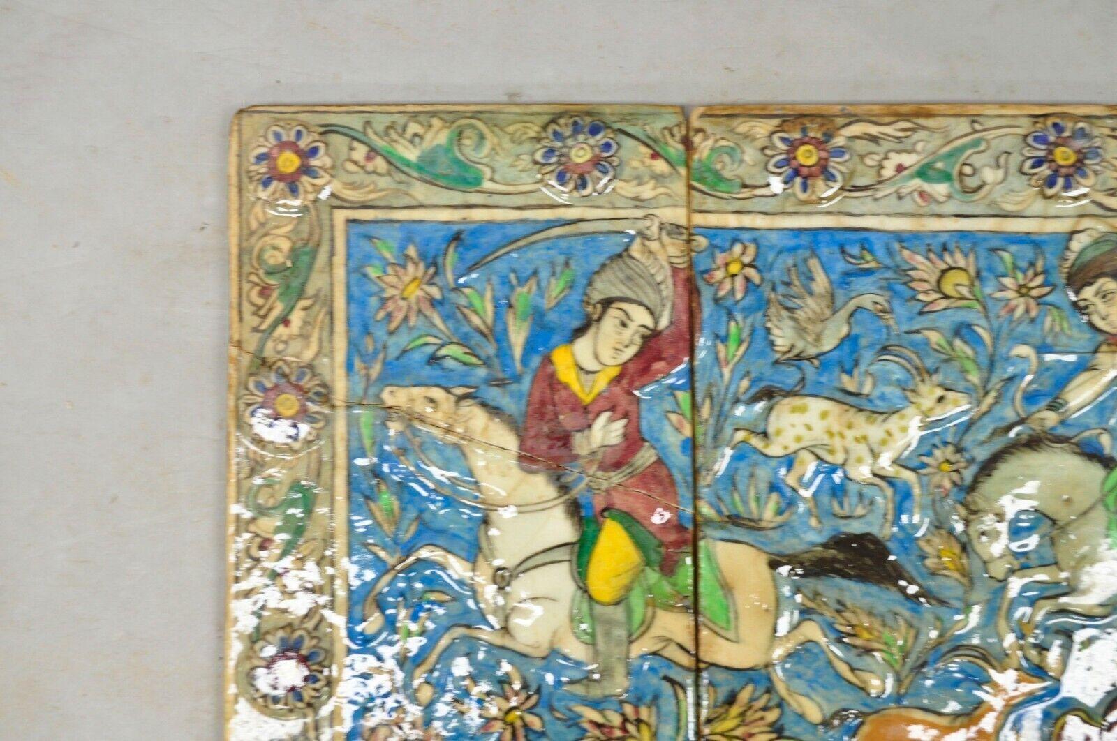 Antike persische Iznik Pottery Qajar Stil Keramik Fliese Mosaik Jagd Szene 6 St. C7 (20. Jahrhundert) im Angebot