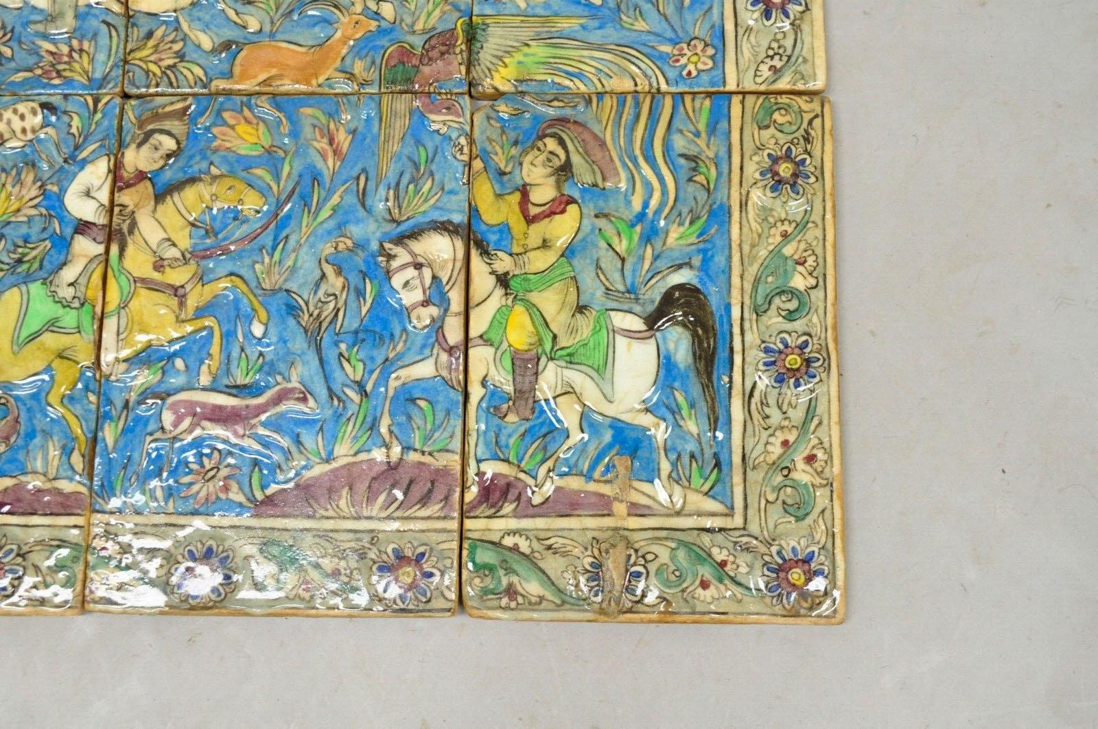 Antique Persian Iznik Qajar Style Ceramic Pottery Tile Mosaic Hunt Scene 6 Pc C7 In Good Condition For Sale In Philadelphia, PA