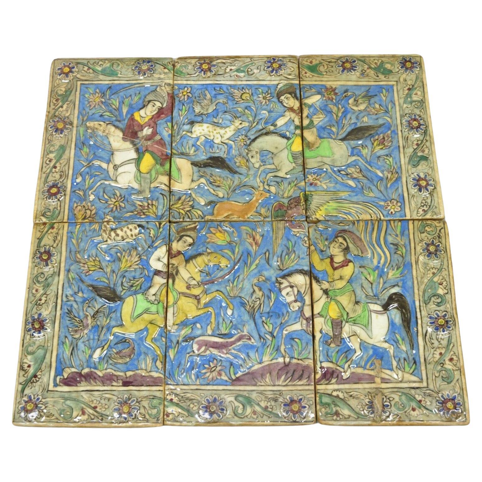 Antique Persian Iznik Qajar Style Ceramic Pottery Tile Mosaic Hunt Scene 6 Pc C7