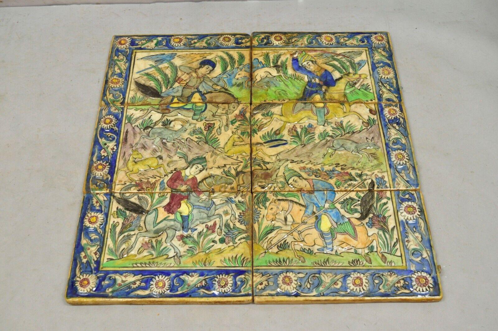 Antique Persian Iznik Qajar Style Ceramic Pottery Tile Mosaic Hunt Scene C7 For Sale 6