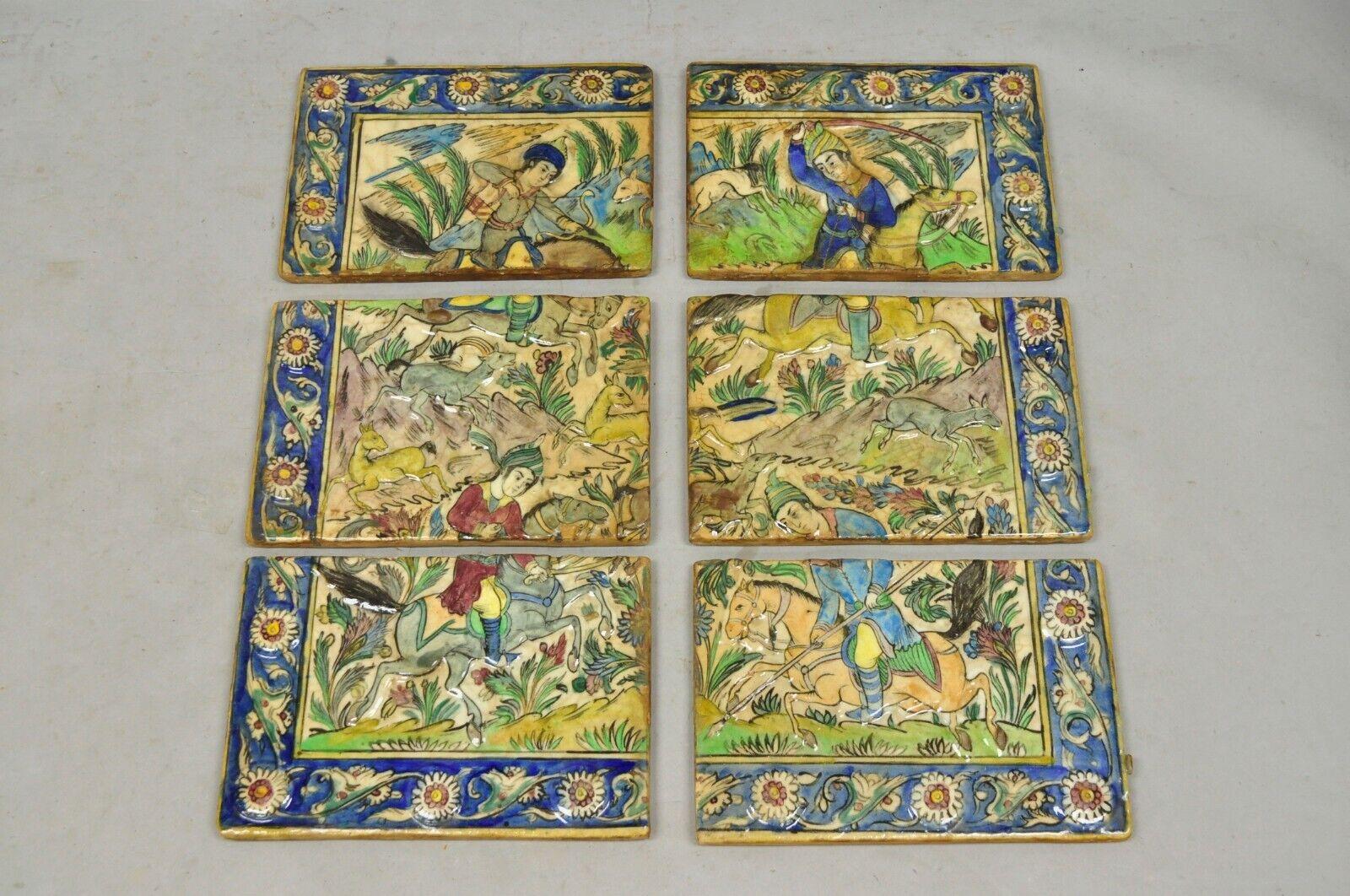 Antique Persian Iznik Qajar Style Ceramic Pottery Tile Mosaic Hunt Scene C7 For Sale 5