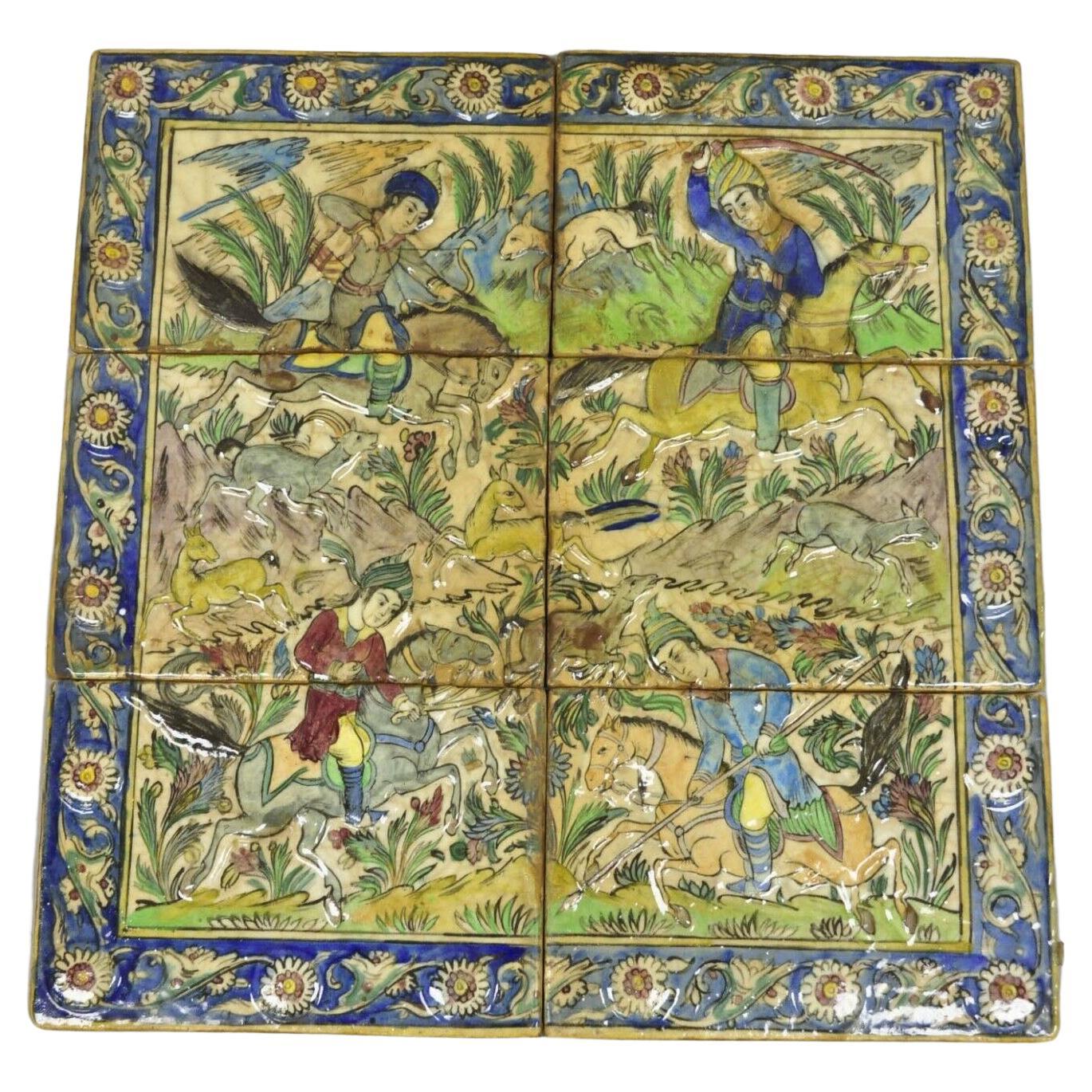 Antique Persian Iznik Qajar Style Ceramic Pottery Tile Mosaic Hunt Scene C7 For Sale