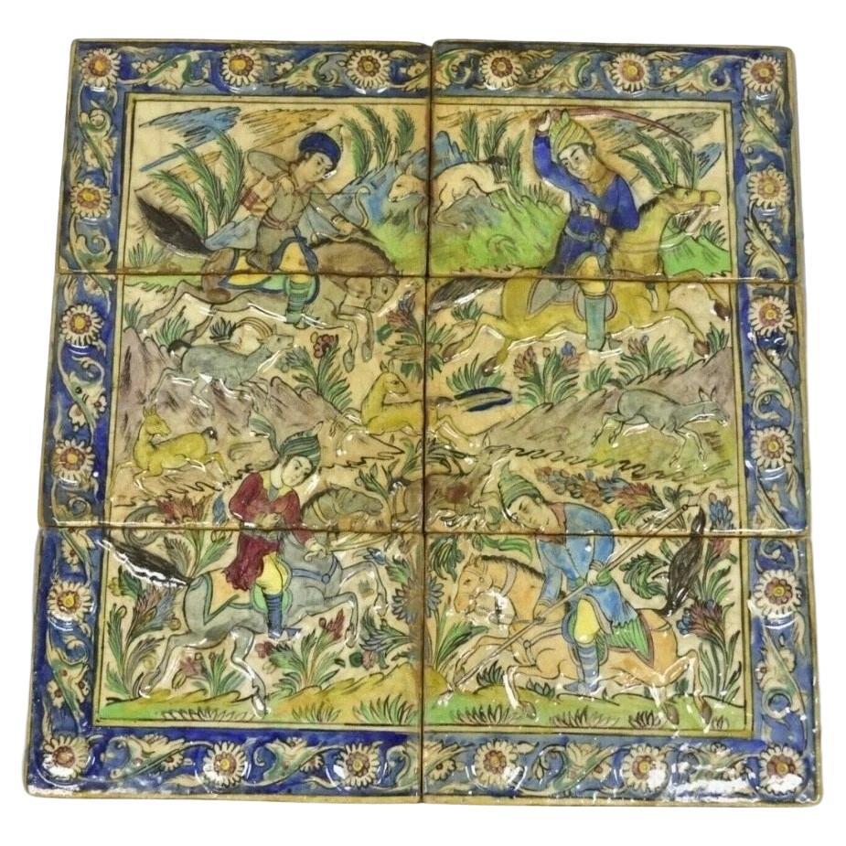 Antique Persian Iznik Qajar Style Ceramic Pottery Tile Mosaic Hunt Scene C7