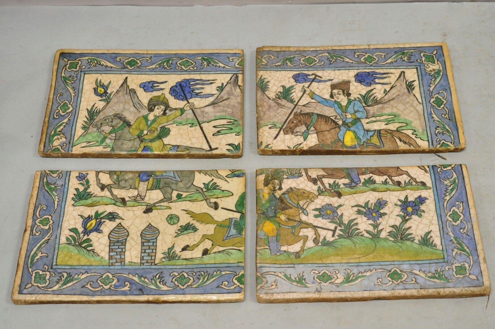 Antique Persian Iznik Qajar Style Ceramic Pottery Tile Mosaic Polo Players C7 For Sale 6