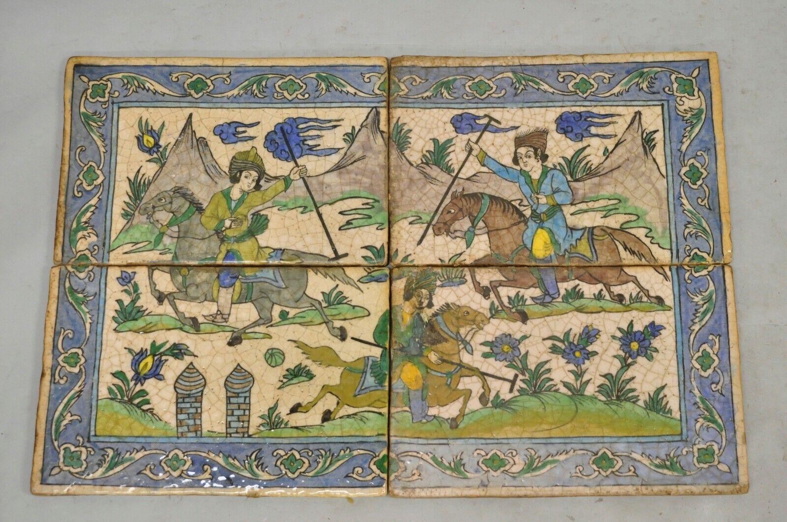 Antique Persian Iznik Qajar Style Ceramic Pottery Tile Mosaic Polo Players C7 For Sale 7
