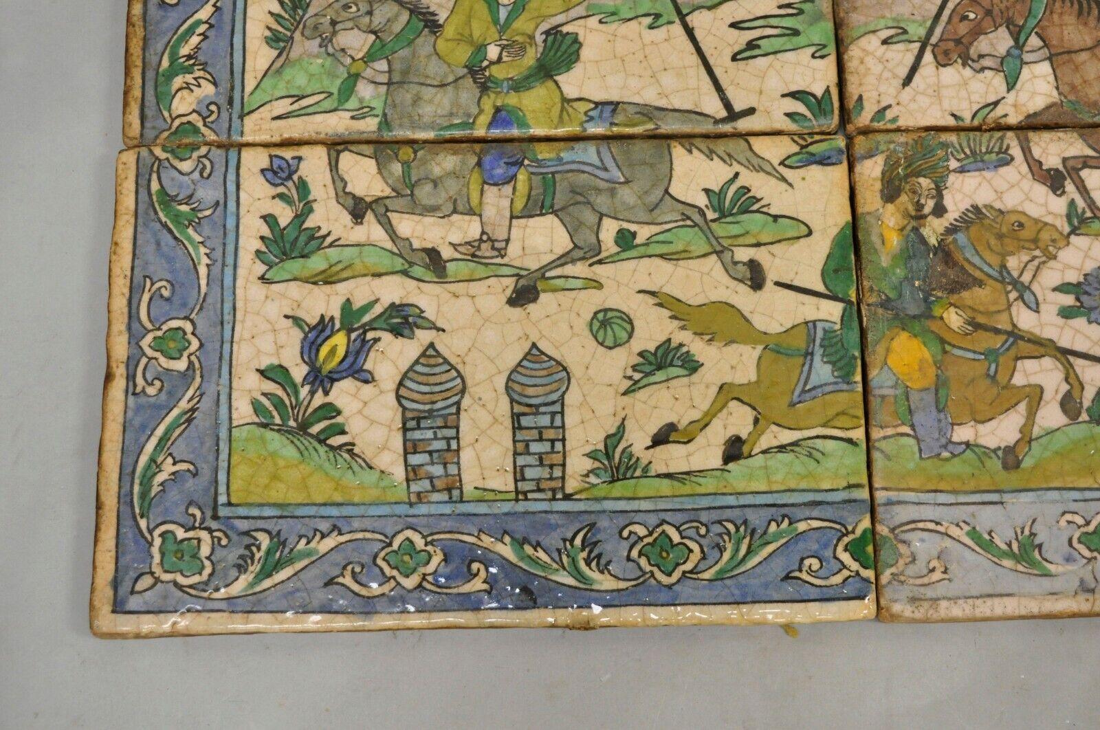 Antique Persian Iznik Qajar Style Ceramic Pottery Tile Mosaic Polo Players C7 For Sale 1