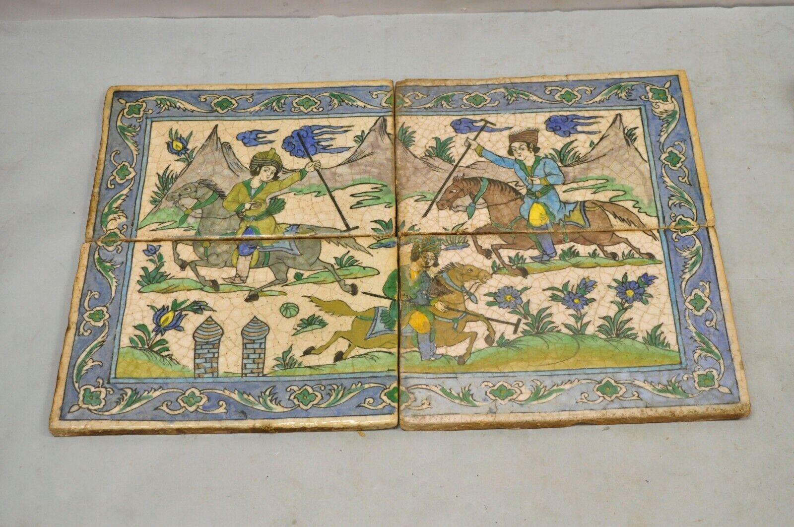 Antique Persian Iznik Qajar Style Ceramic Pottery Tile Mosaic Polo Players C7 For Sale 3