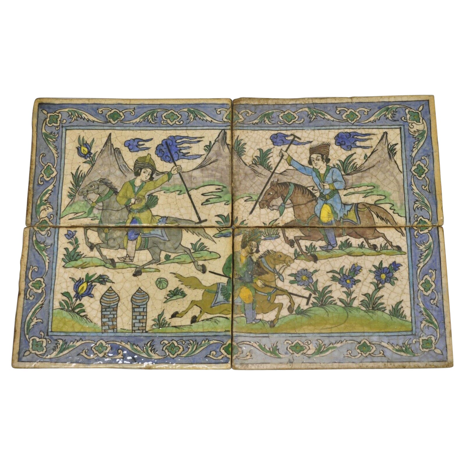Ancienne poterie persane Iznik de style Qajar en céramique avec mosaïque de carreaux - Joueurs de polo C7