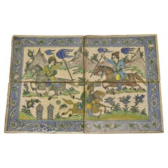 Antique Persian Iznik Qajar Style Ceramic Pottery Tile Mosaic Polo Players C7