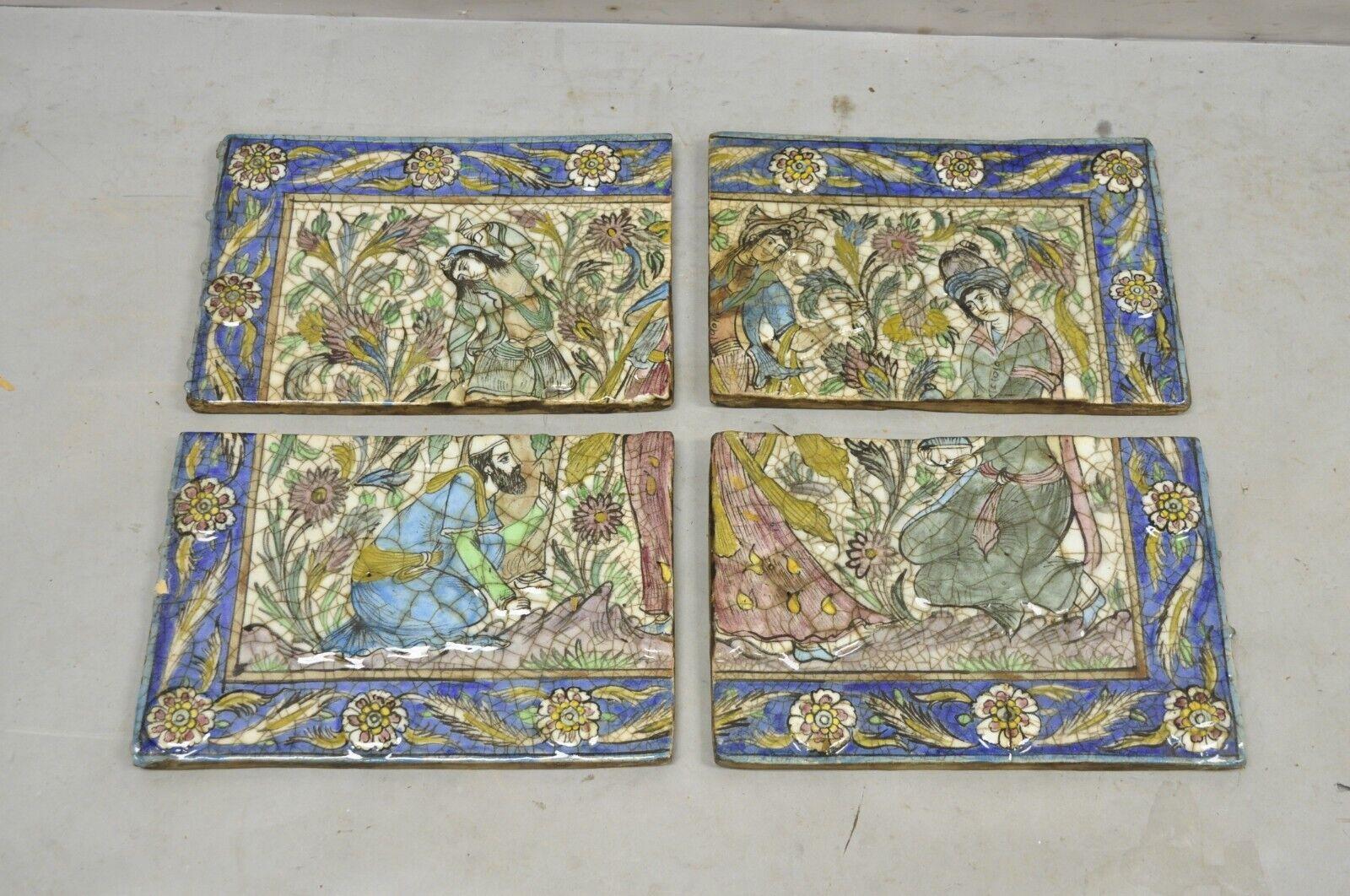 Antique Persian Iznik Qajar Style Ceramic Pottery Tile Mosaic Woman & Servant C7 For Sale 7