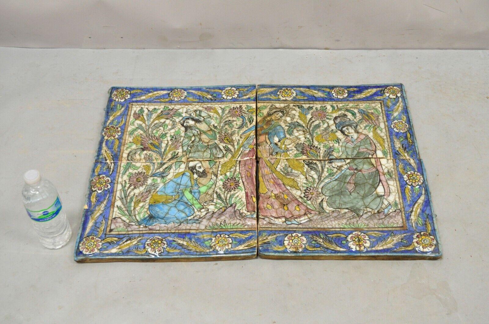 Antique Persian Iznik Qajar Style Ceramic Pottery Tile Mosaic Woman & Servant C7 In Good Condition For Sale In Philadelphia, PA