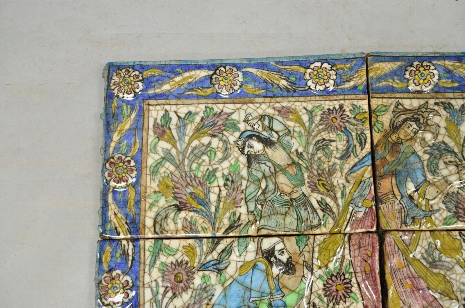20th Century Antique Persian Iznik Qajar Style Ceramic Pottery Tile Mosaic Woman & Servant C7 For Sale