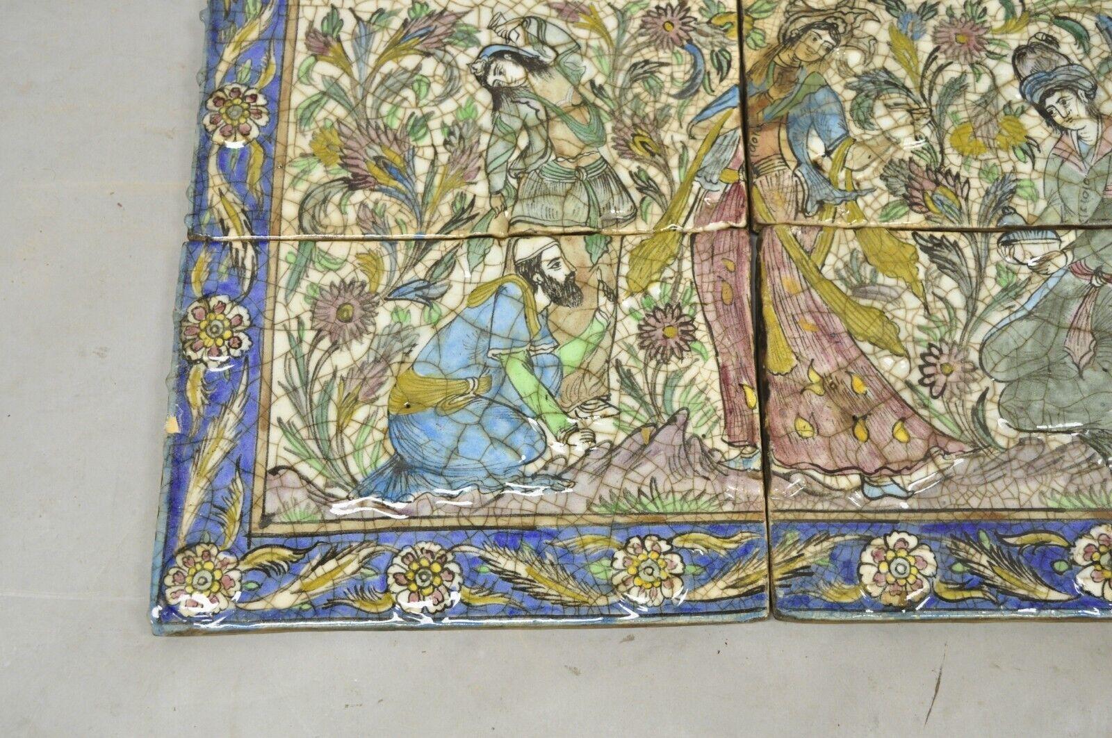 Antique Persian Iznik Qajar Style Ceramic Pottery Tile Mosaic Woman & Servant C7 For Sale 2