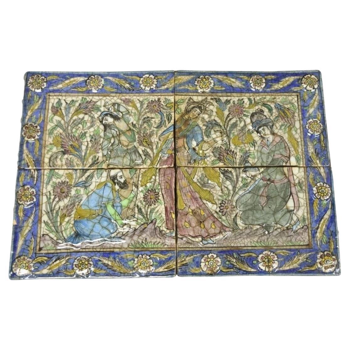 Antique Persian Iznik Qajar Style Ceramic Pottery Tile Mosaic Woman 
Servant C7 For Sale