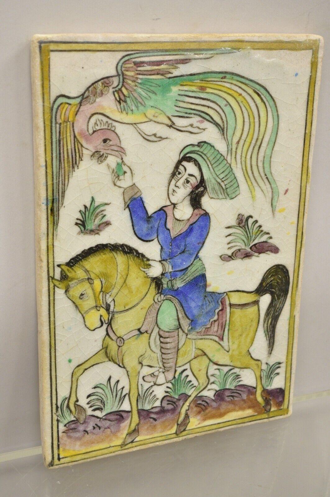 Antique Persian Iznik Qajar Style Ceramic Pottery Tile Phoenix Horse Rider C1 For Sale 4