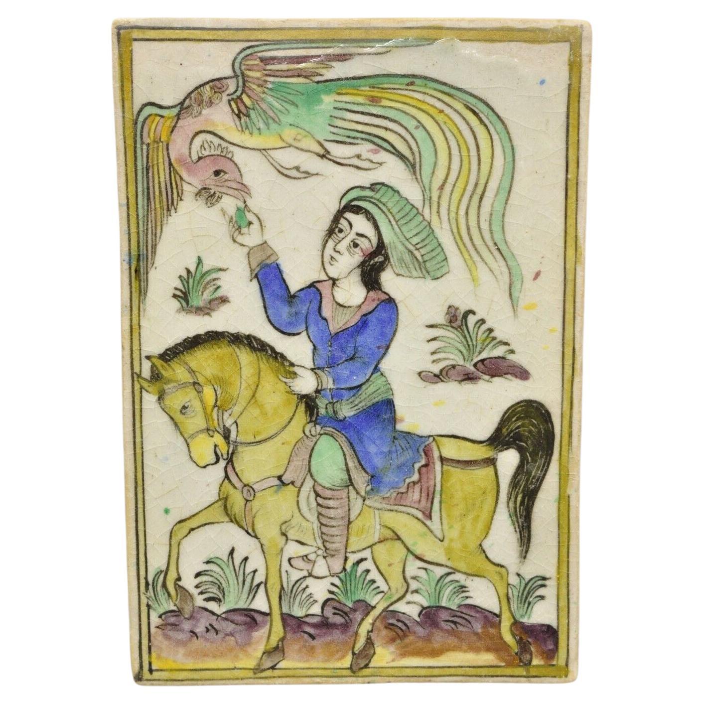 Antique Persian Iznik Qajar Style Ceramic Pottery Tile Phoenix Horse Rider C1 For Sale