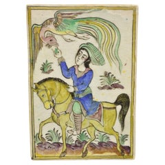 Antique Persian Iznik Qajar Style Ceramic Pottery Tile Phoenix Horse Rider C1