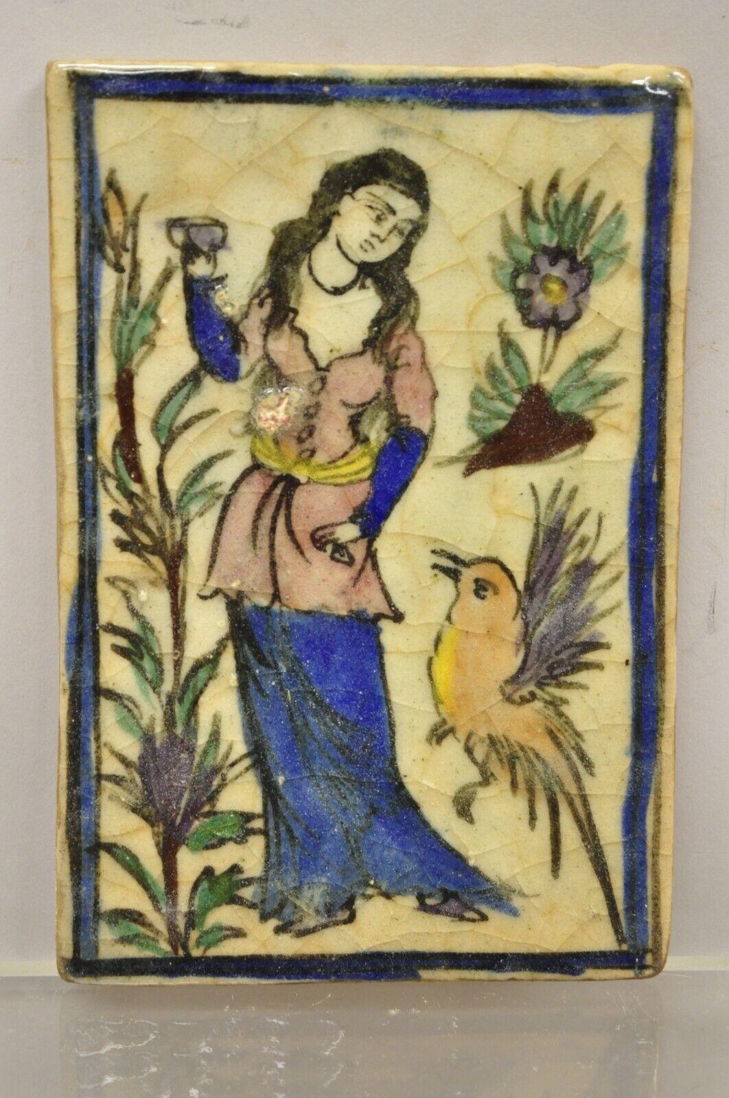 Antique Persian Iznik Qajar Style Ceramic Pottery Tile Woman and Bird C5 For Sale 6