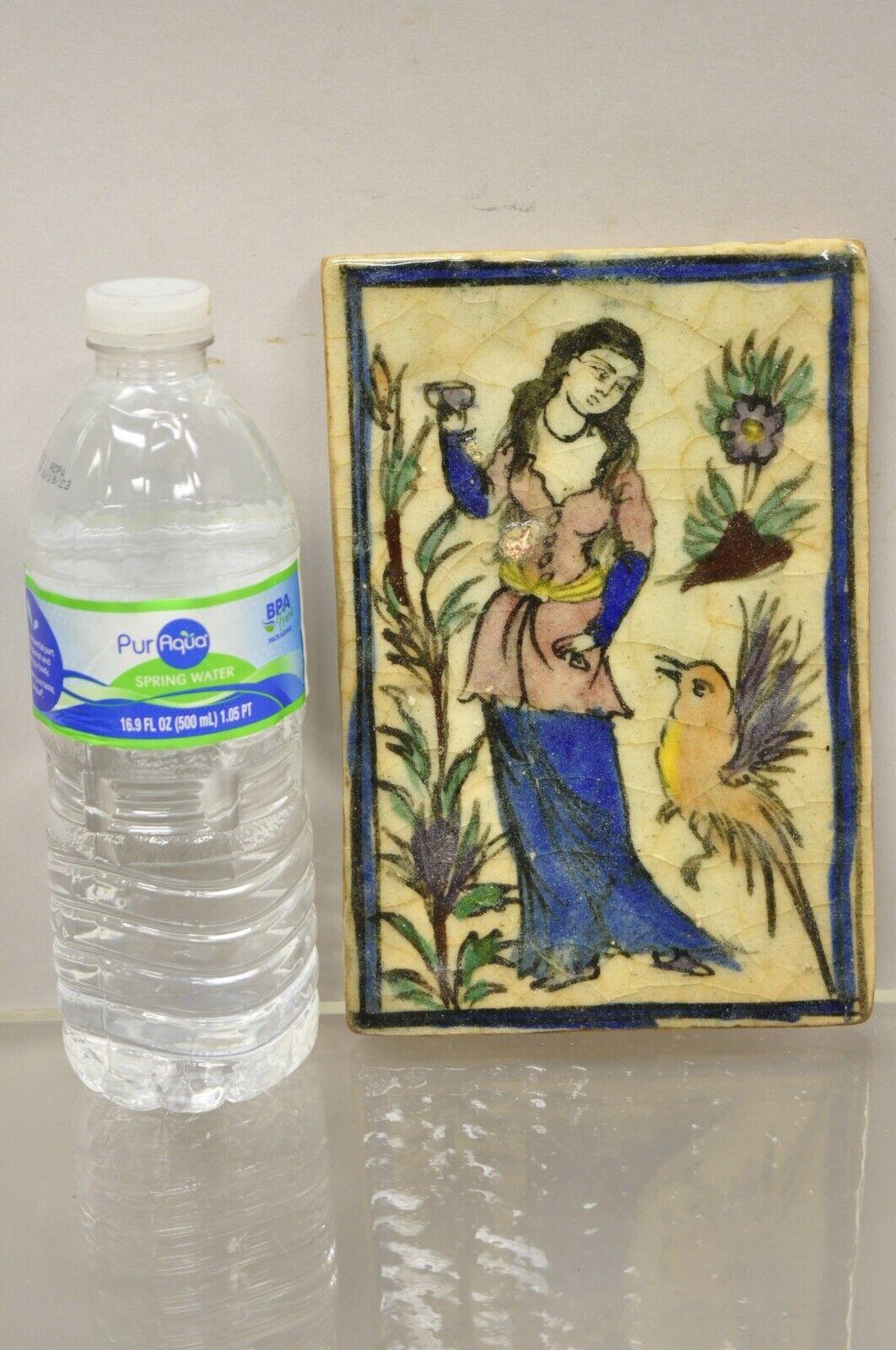 Antique Persian Iznik Qajar Style Ceramic Pottery Tile Woman and Bird C5. Original crackle glazed finish, heavy ceramic pottery construction, very impressive detail, wonderful style and form. Great to mount as wall art or accent tiles for special