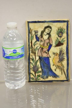 Antique Persian Iznik Qajar Style Ceramic Pottery Tile Woman and Bird C5
