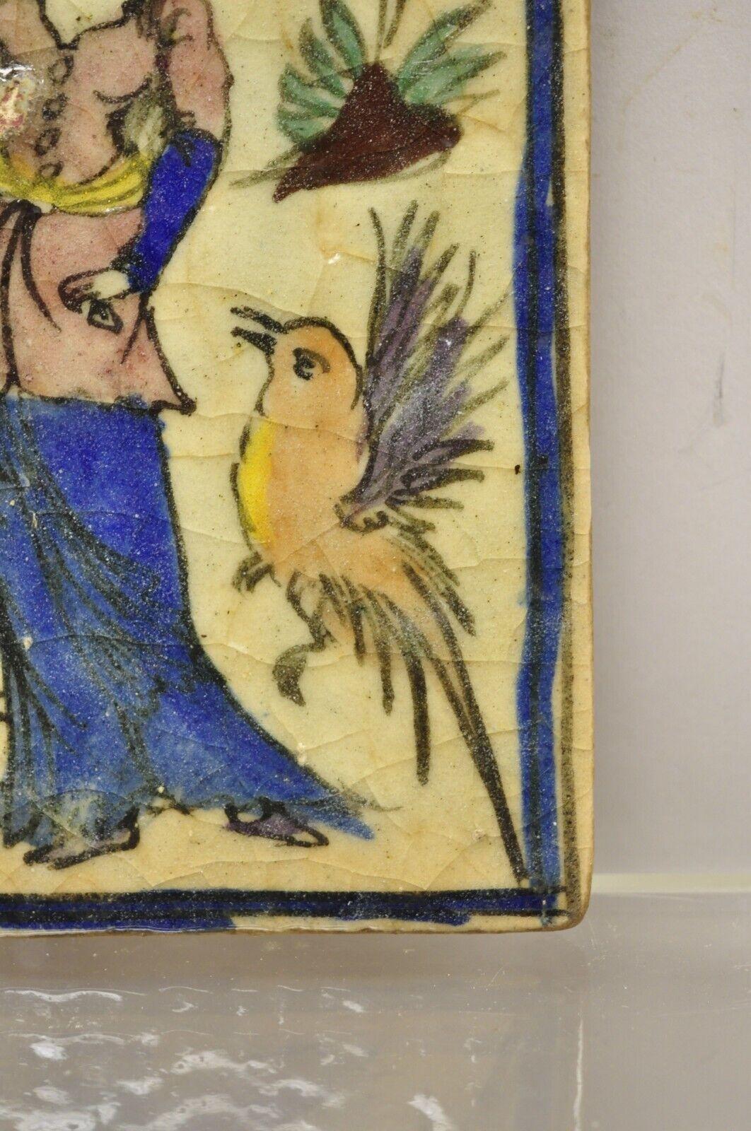 Antique Persian Iznik Qajar Style Ceramic Pottery Tile Woman and Bird C5 For Sale 1