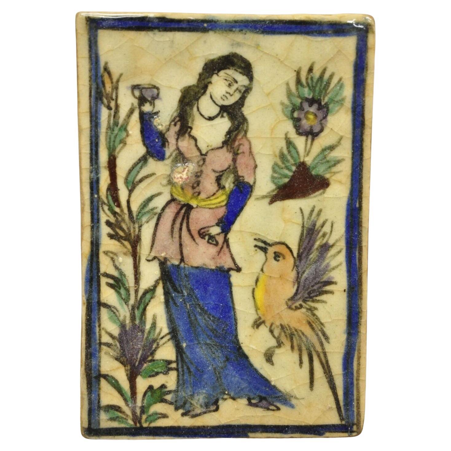 Antique Persian Iznik Qajar Style Ceramic Pottery Tile Woman and Bird C5 For Sale