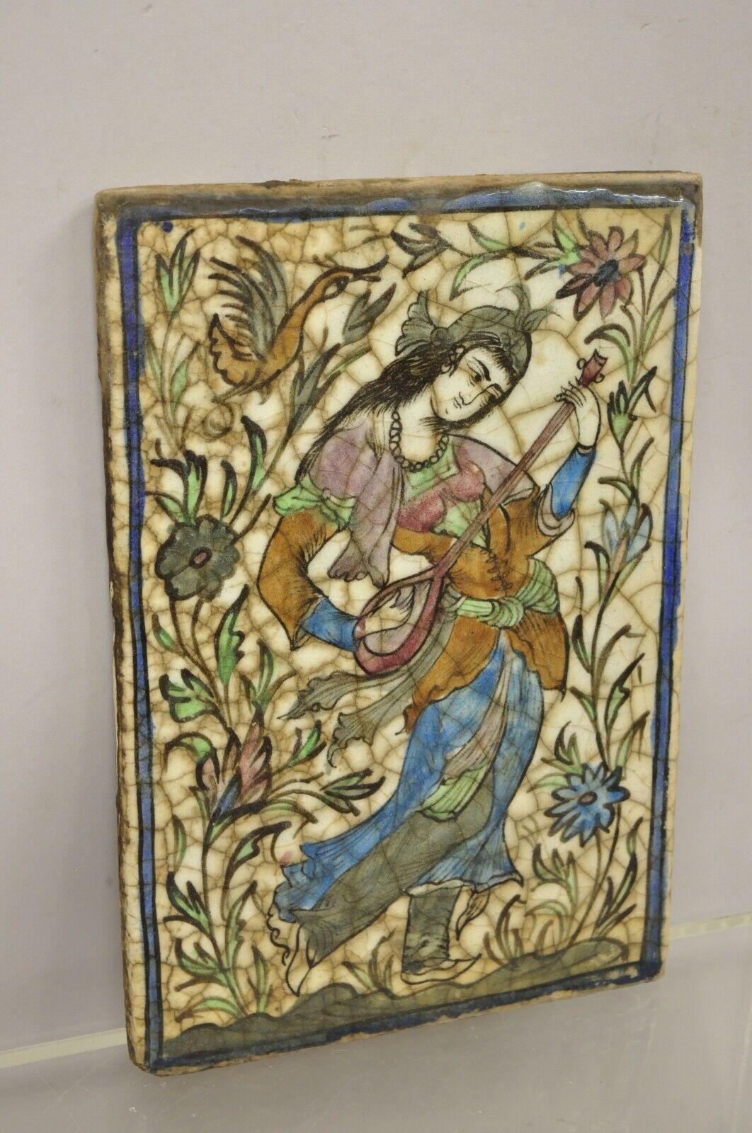 Antique Persian Iznik Qajar Style Ceramic Pottery Tile Woman Guitar Player C1 6