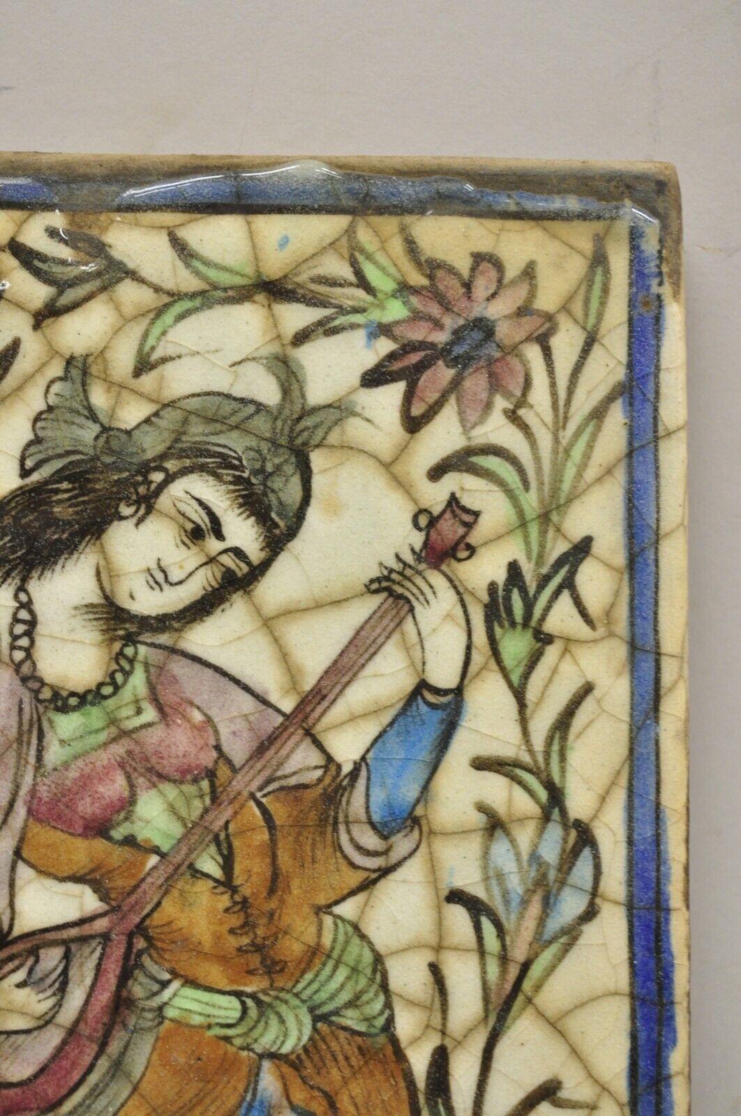 20th Century Antique Persian Iznik Qajar Style Ceramic Pottery Tile Woman Guitar Player C1