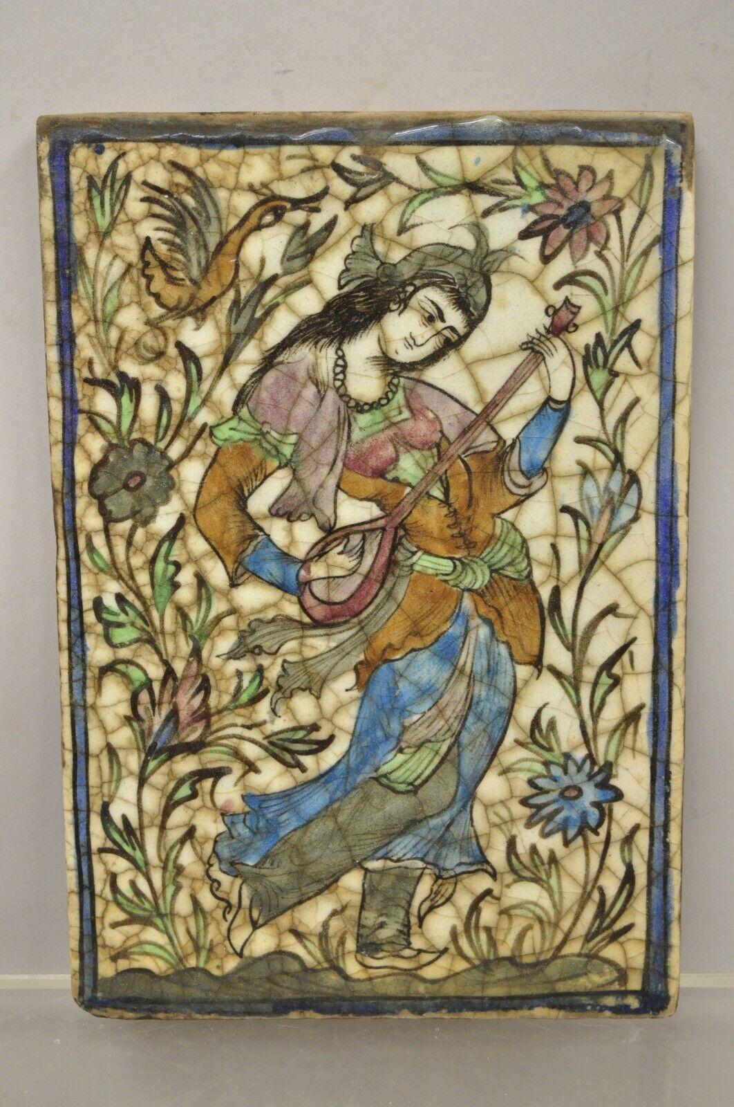 Antique Persian Iznik Qajar Style Ceramic Pottery Tile Woman Guitar Player C1 4