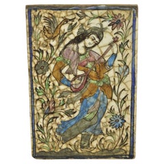 Antique Persian Iznik Qajar Style Ceramic Pottery Tile Woman Guitar Player C1