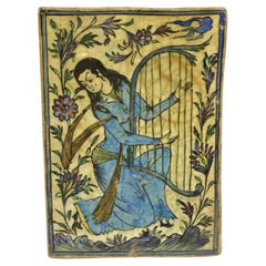 Antique Persian Iznik Qajar Style Ceramic Pottery Tile Woman Playing Harp C1