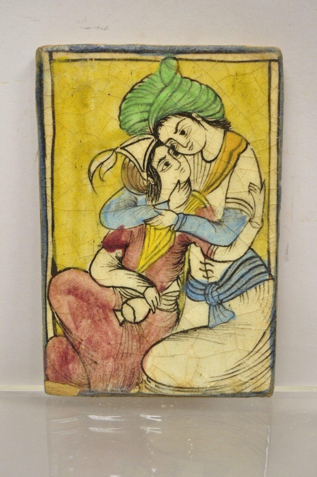 Antique Persian Iznik Qajar Style Ceramic Yellow Pottery Tile Loving Couple B C5 For Sale 5