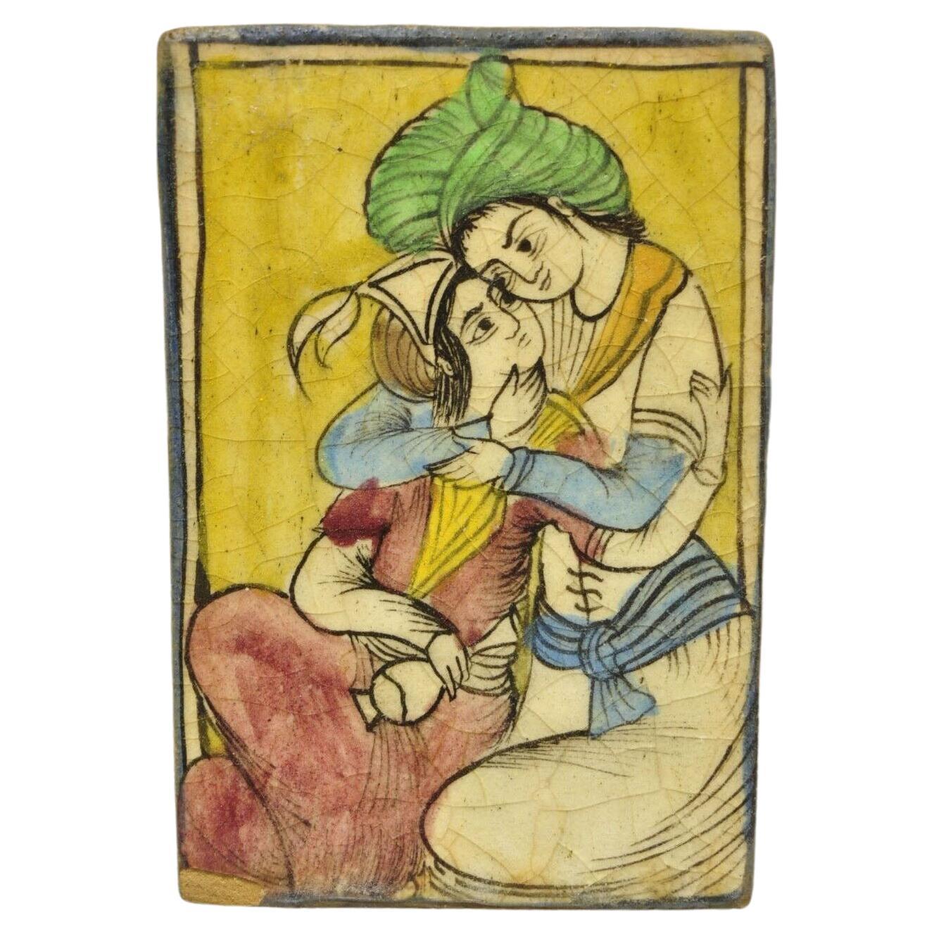 Antique Persian Iznik Qajar Style Ceramic Yellow Pottery Tile Loving Couple B C5 For Sale