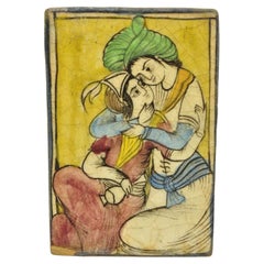 Antique Persian Iznik Qajar Style Ceramic Yellow Pottery Tile Loving Couple B C5