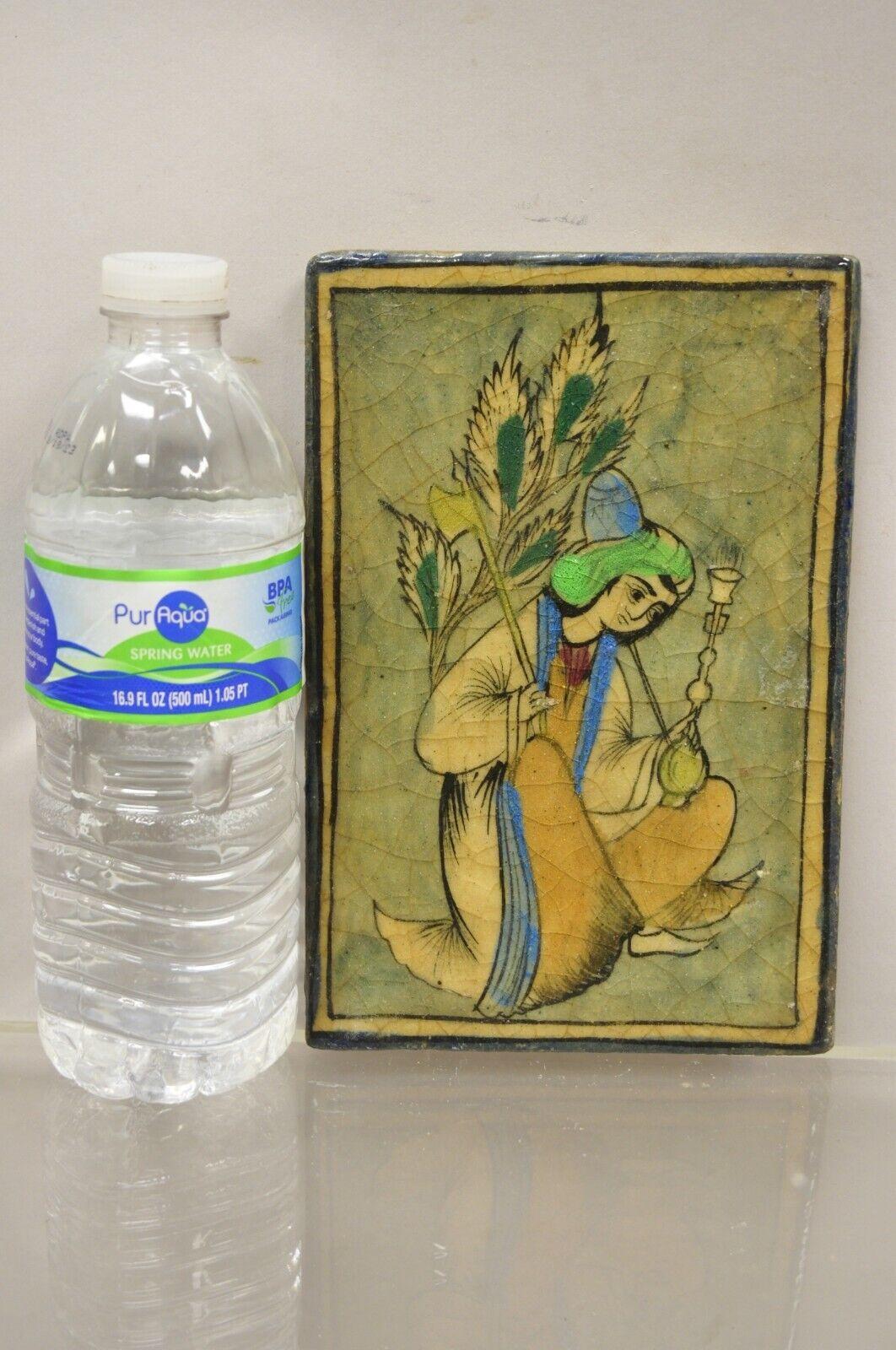 Antique Persian Iznik Qajar style green ceramic pottery Tile Kneeling woman C5. Item features an original crackle glazed finish, heavy ceramic pottery construction, very impressive detail, wonderful style and form. Great to mount as wall art or