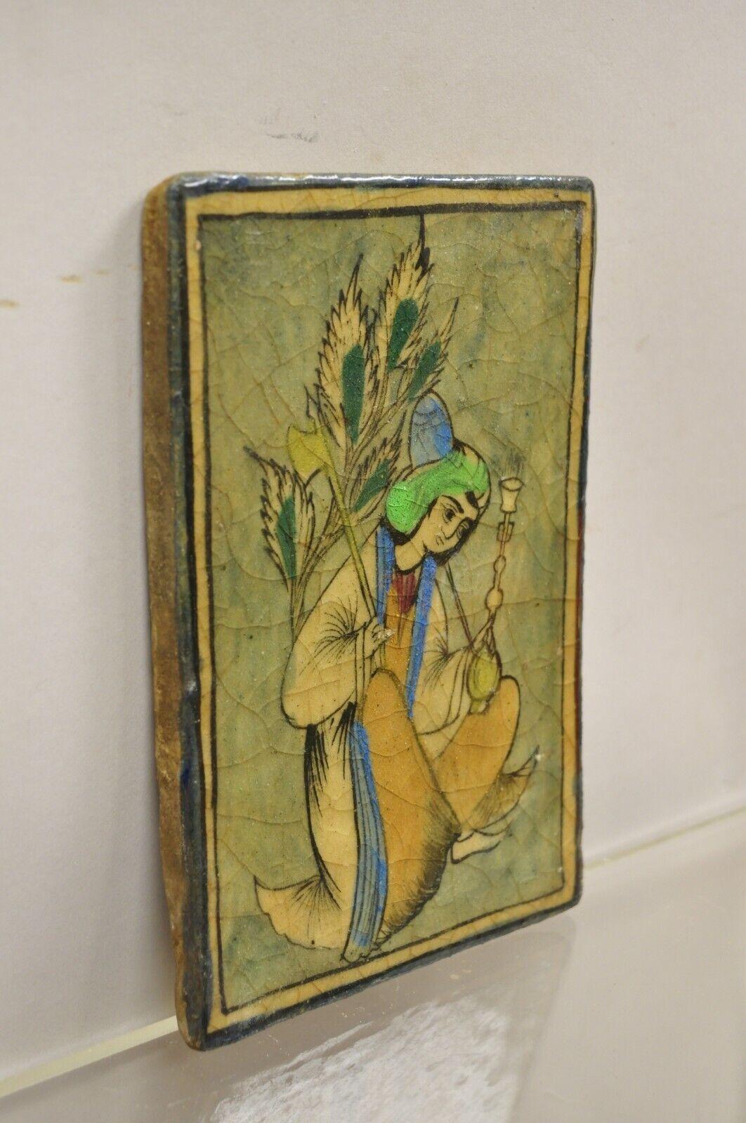 Antique Persian Iznik Qajar Style Green Ceramic Pottery Tile Kneeling Woman C5 For Sale 1