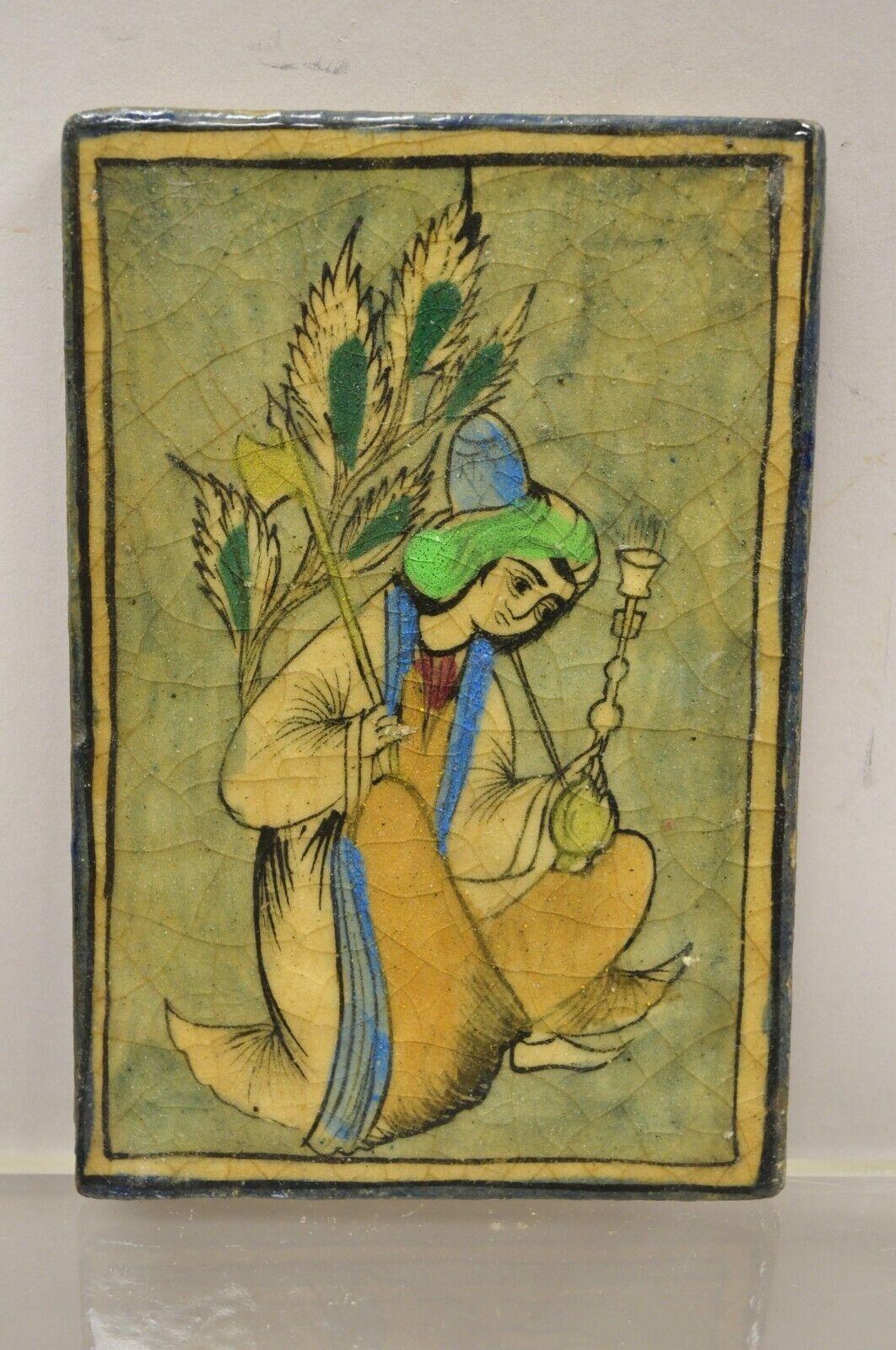 Antique Persian Iznik Qajar Style Green Ceramic Pottery Tile Kneeling Woman C5 For Sale 5