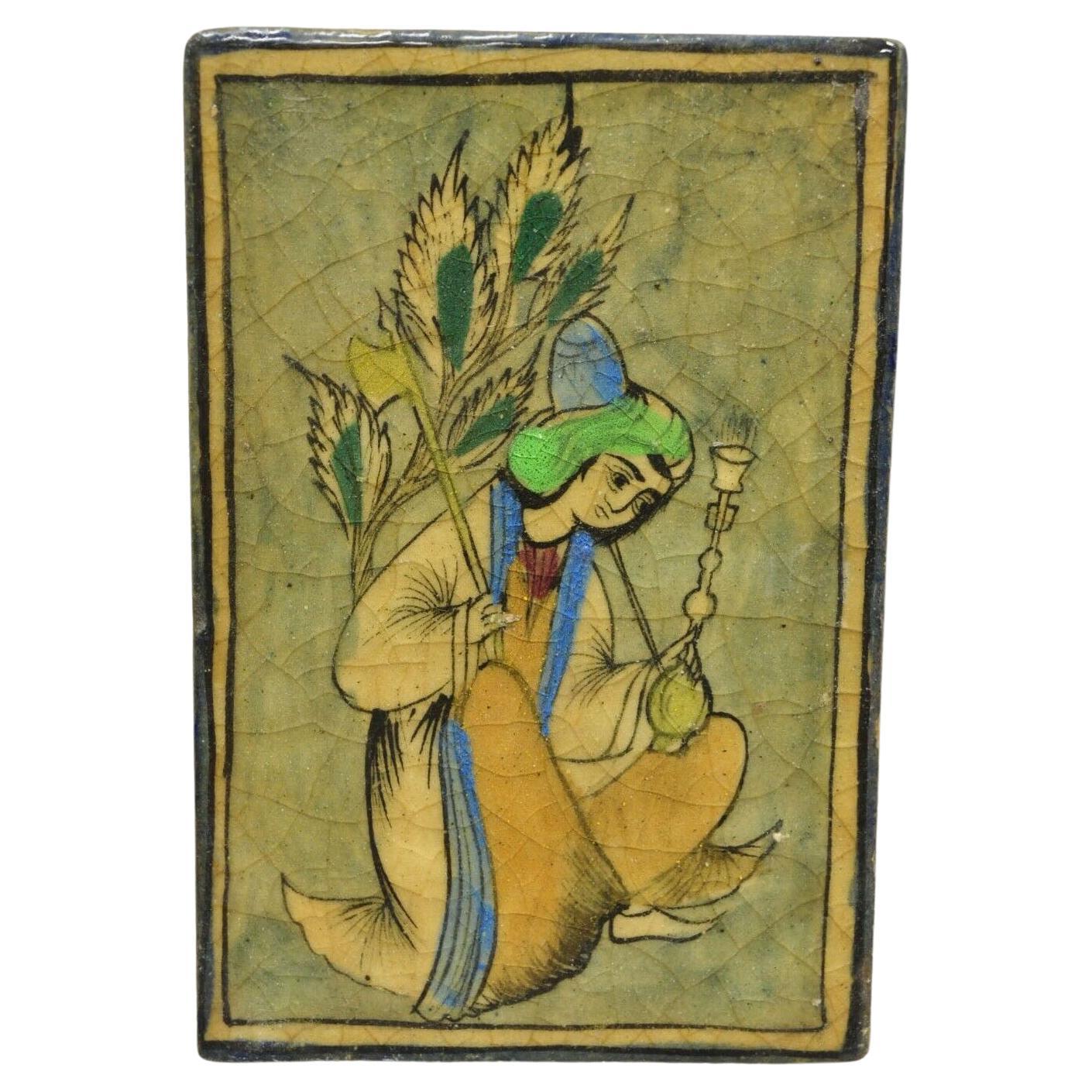 Antique Persian Iznik Qajar Style Green Ceramic Pottery Tile Kneeling Woman C5 For Sale