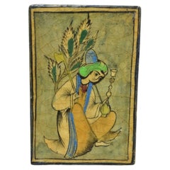 Antique poterie persane Iznik Qajar de style Qajar en céramique verte carreaux représentant une femme agenouillée C5