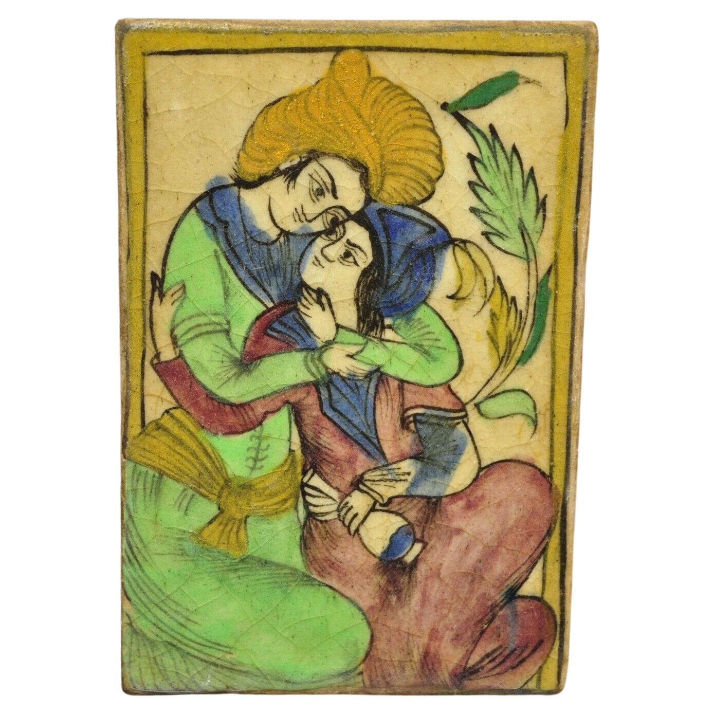 Antike persische Iznik Qajar-Keramikfliesen im Qajar-Stil, Loving Couple C5