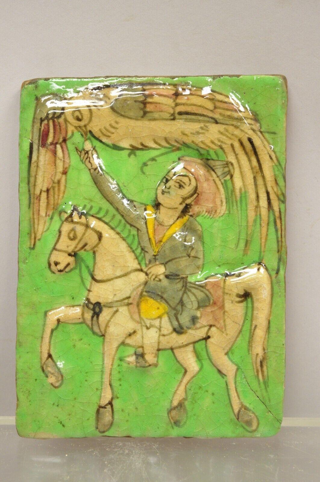 Antique Persian Iznik Qajar Style Green Ceramic Pottery Tile Phoenix Bird C4 6